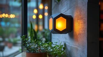 A wall mounted light that is lit up photo