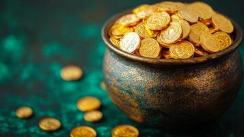 Gold coins in a pot on a green background photo