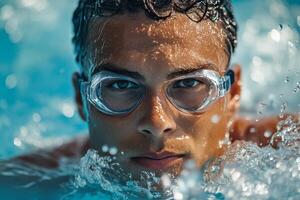 A man wearing goggles in a swimming pool photo