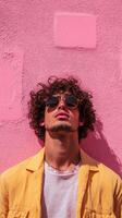 A man with curly hair and sunglasses standing in front of a pink wall photo