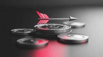 Coins with an arrow pointing to them on a black background photo