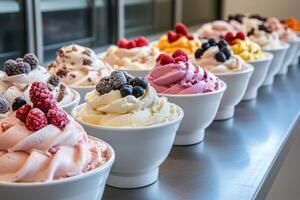 A row of white bowls with different flavors of ice cream photo