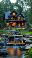 A beautiful home with a waterfall and rocks photo