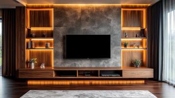 Modern tv wall unit with wooden shelves and led lights photo