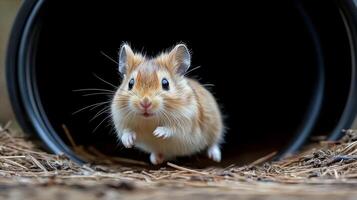 A hamster is running through a tunnel photo