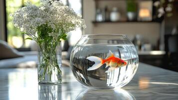 A fish in a bowl sitting on a table next to a vase of flowers photo