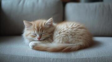 A fluffy orange kitten curled up on a couch photo