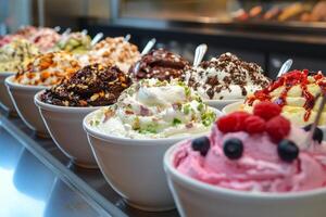 A row of bowls filled with different flavors of ice cream photo