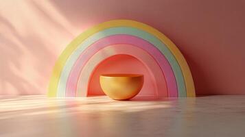 A golden egg sitting in front of a rainbow photo