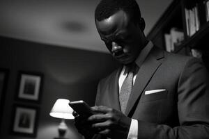 A man in a suit and tie looking at his phone photo
