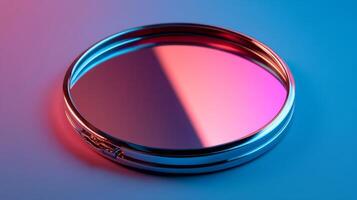 A circular mirror with a pink and blue background photo