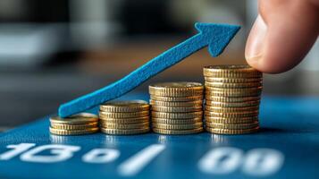 A hand is pointing to a stack of coins with a blue arrow photo