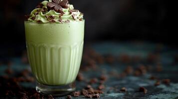 A green smoothie with chocolate chips on top photo