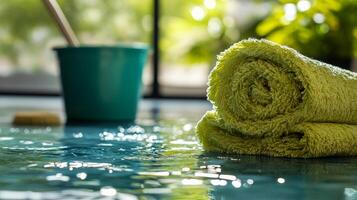 A towel and a brush sitting on a table photo