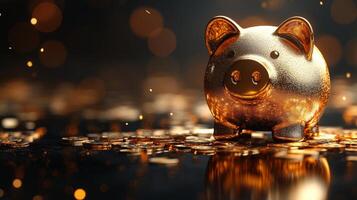 Golden piggy bank on a black background with gold coins photo