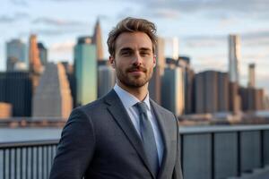 A man in a suit and tie standing in front of a cityscape photo