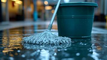 A bucket and mop on a wet floor photo