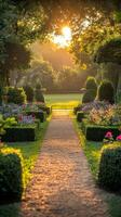 A pathway leads to a garden with flowers and trees photo