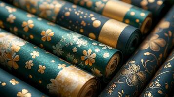 Green and gold paper rolls with floral designs photo