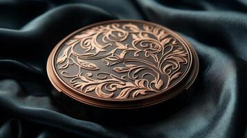 A round metal container with a floral design on it photo