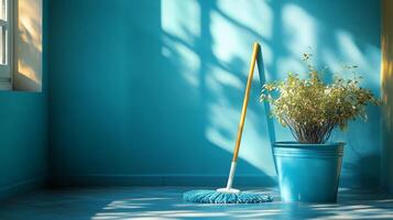 A blue room with a broom and a plant in a bucket photo