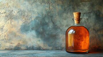 A bottle of whiskey sitting on a table photo