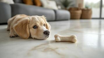 A dog laying on the floor with a bone photo
