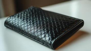 A black leather wallet sitting on a table photo