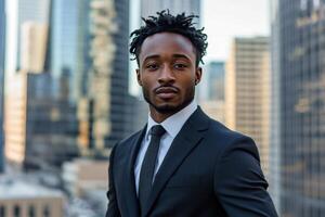 A black man in a suit and tie standing in front of a cityscape photo