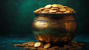Gold coins in a pot on a dark background photo