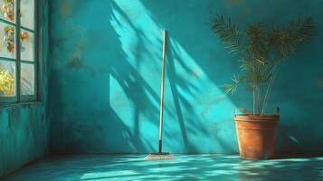A broom and a plant in a room with a window photo