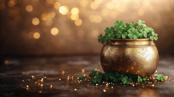 Shamrock pot with gold leaves on a dark background photo