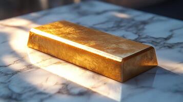 A gold bar sitting on a marble table photo