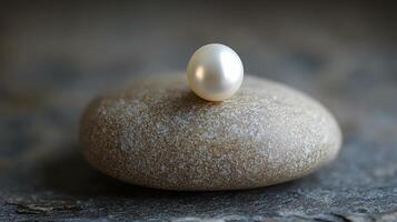 A pearl sits on top of a rock photo
