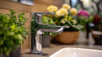 A bathroom sink with a faucet and flowers photo