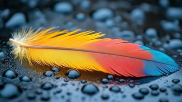A colorful feather laying on the ground with water droplets photo