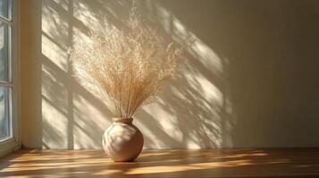 A vase with some grass in it sitting on a table photo