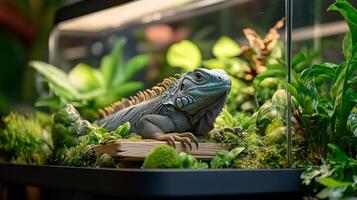 A lizard is sitting in a glass aquarium photo