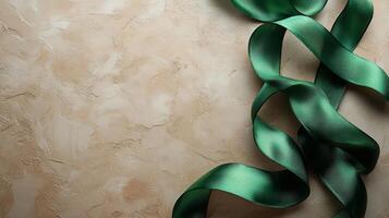 Green ribbon on a beige background photo
