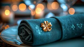 A napkin with a gold flower on it photo