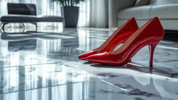 A red high heeled shoe is sitting on a marble floor photo