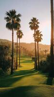 A golf course with palm trees and a sunset photo