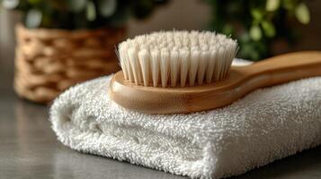 A brush and towel sitting on top of a towel photo