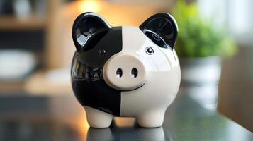 A piggy bank with a black and white design photo
