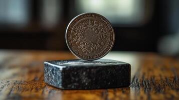 A coin sitting on top of a wooden table photo