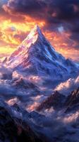 A mountain is seen in the sky with clouds and sun photo