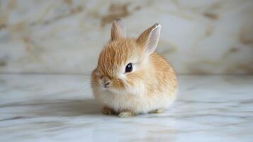 A small orange rabbit sitting on a marble surface photo