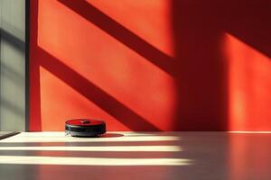 A robot is sitting on the floor in front of a red wall photo