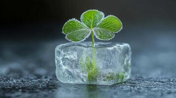 A small green plant is sitting on top of an ice cube photo