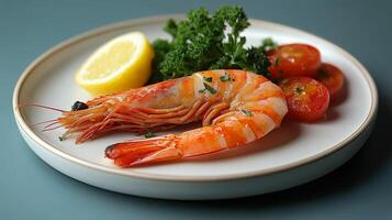A plate with shrimp and tomatoes on it photo
